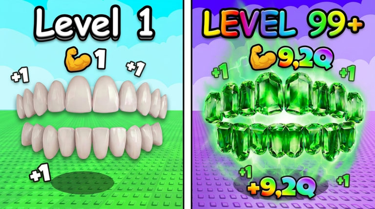 Level 1 starter teeth with a strength of 1 next to Level 99+ green gem teeth with a strength of 9.2Q in +1 Bite Per Click